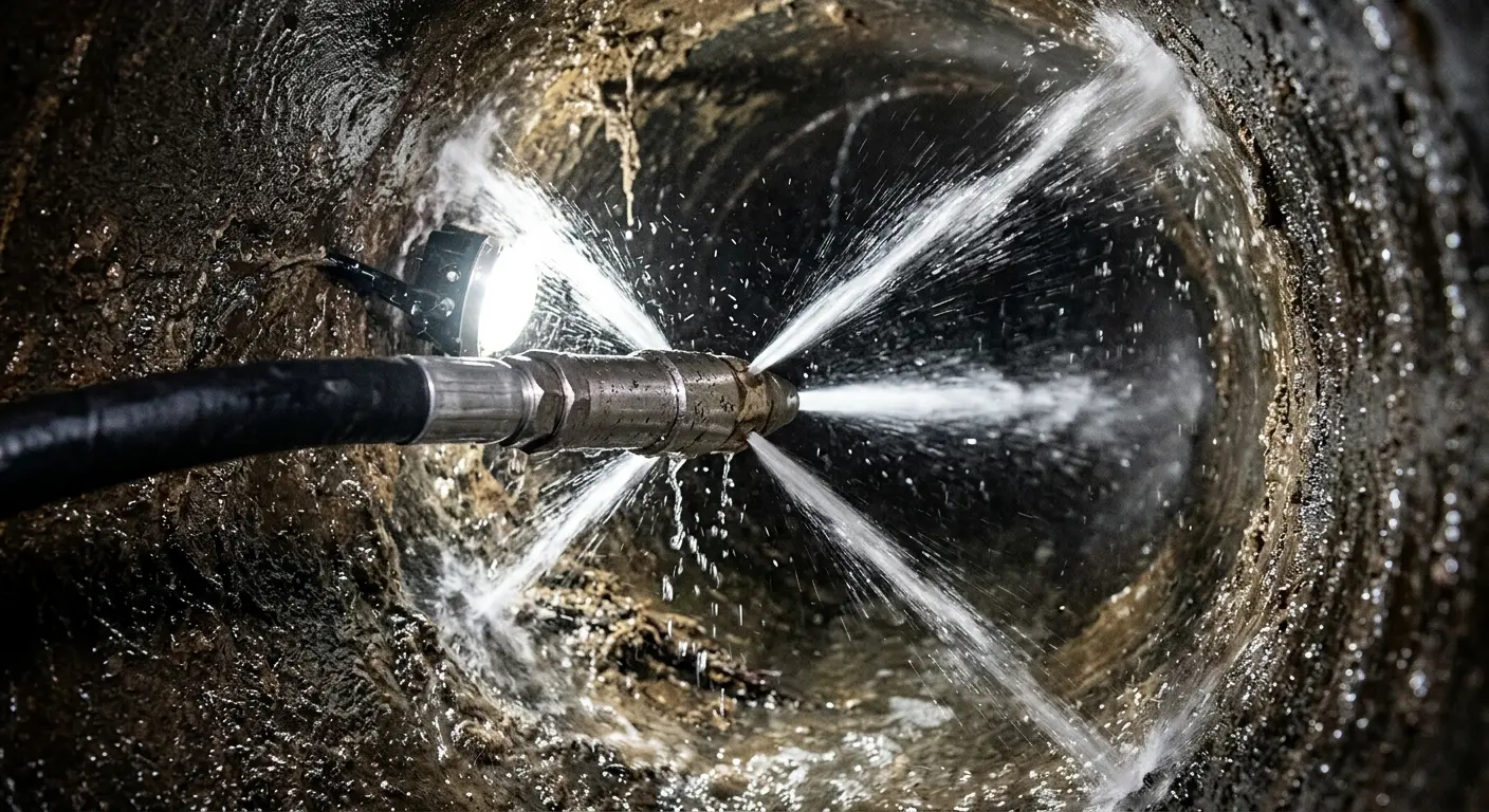 High-pressure hydro jetting nozzle cleaning sewer pipe for Emergency Drain Service in State College