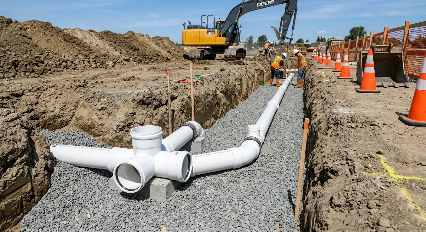 New PVC sewer pipe installation in open trench for Sewer Backup in State College