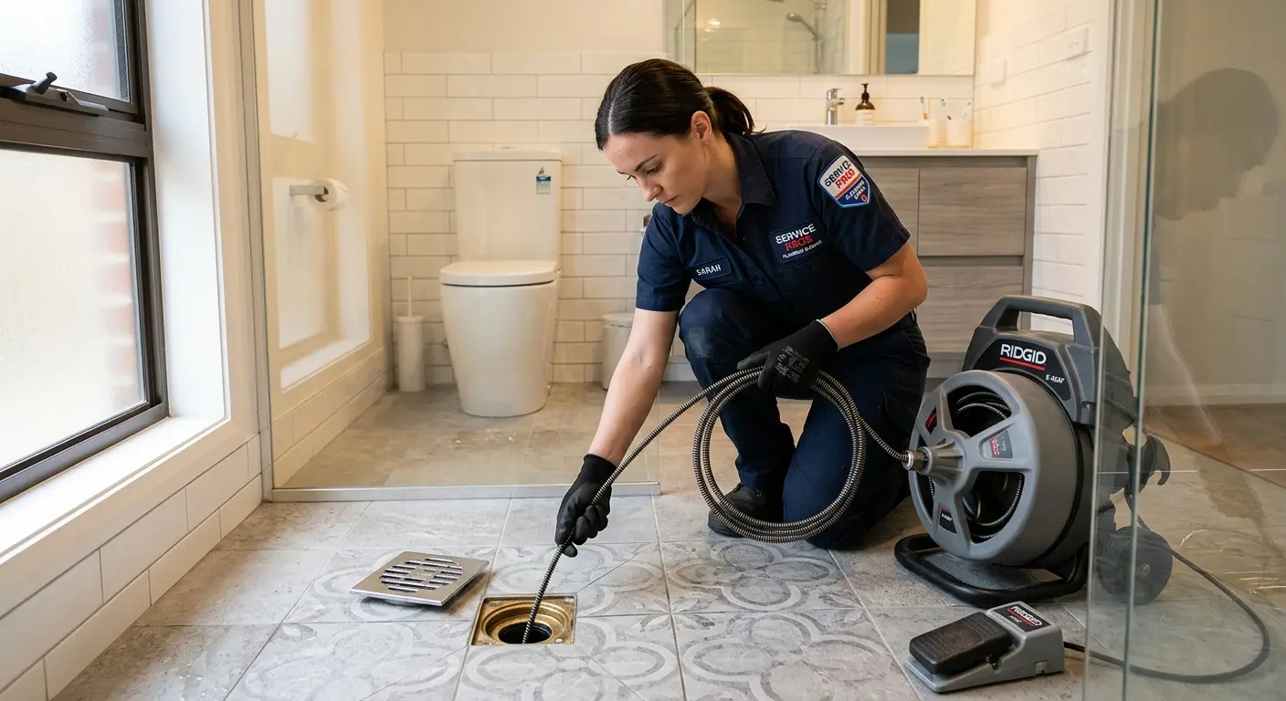 Technician clearing a bathroom floor drain for Sewer Line Replacement in State College